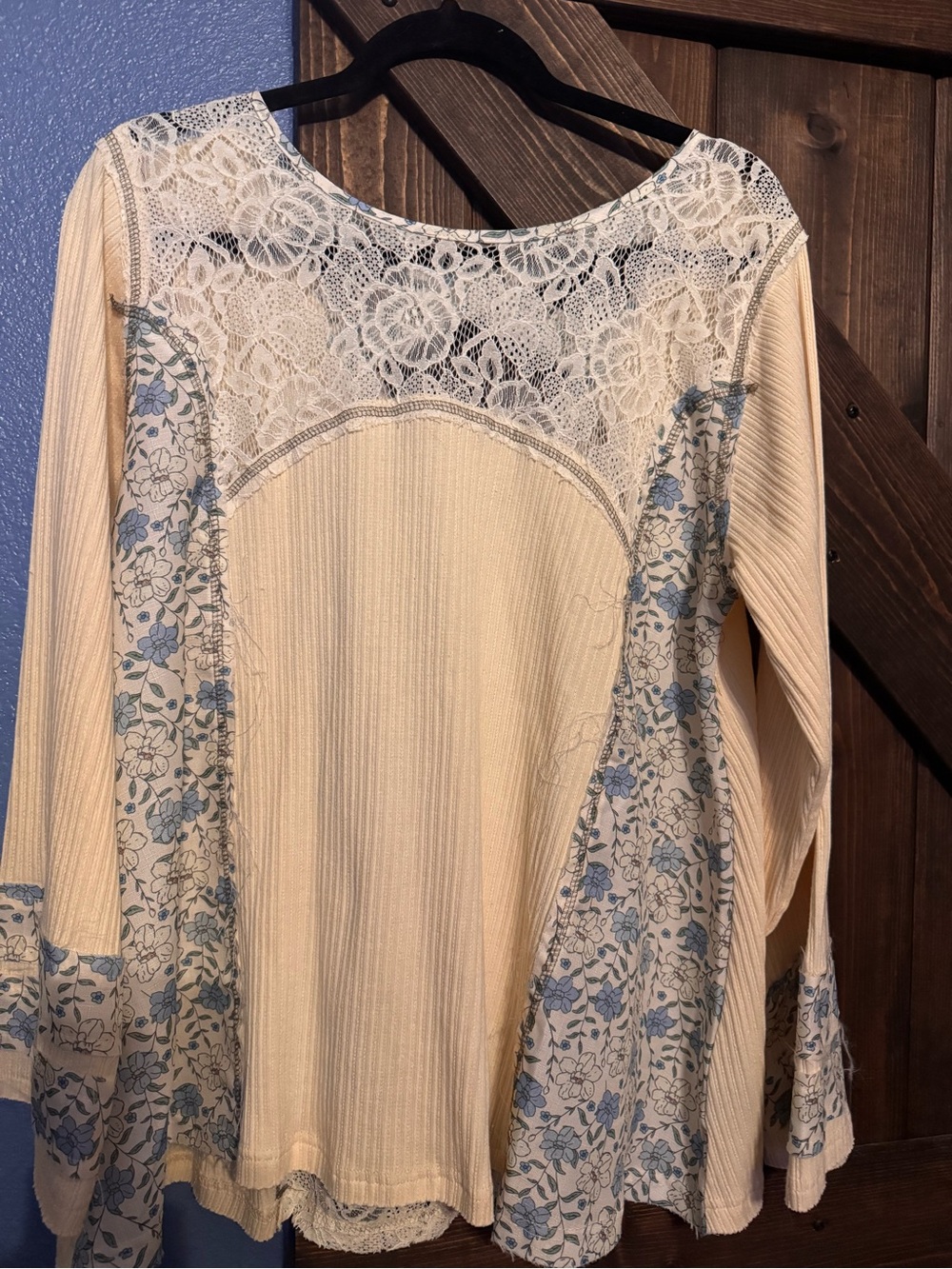 POL Cream Lace-Yoke Tunic with Blue Floral Panels